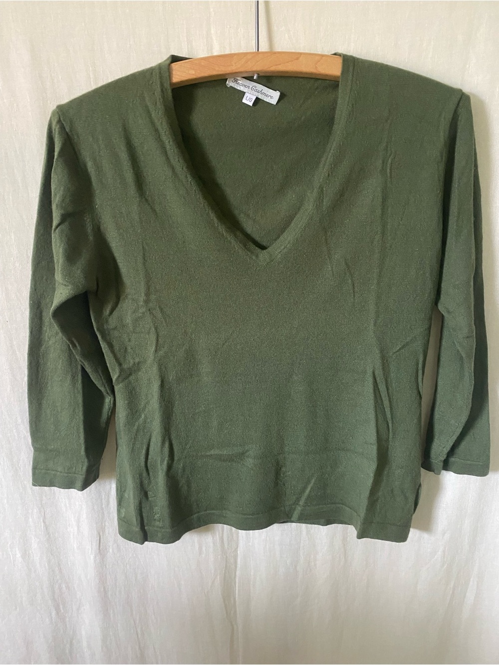 Cashmere/Silk Classic V-Neck Long Sleeve Top in Olive Green by Heaven Cashmere L